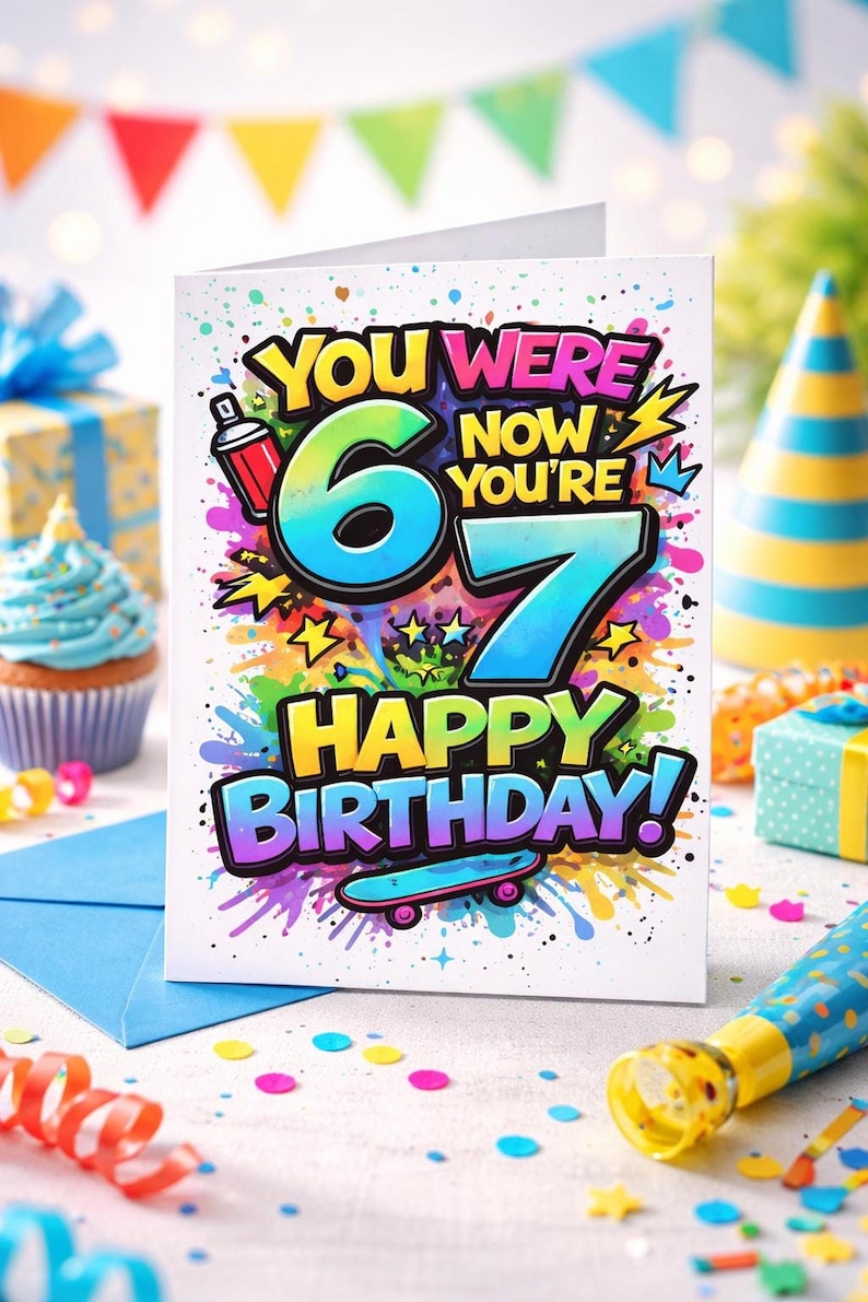 Fun kids birthday card printable with bold graffiti-style text saying ‘You were 6, now you’re 7,’ featuring colourful splatter design, skateboard illustration, and inside birthday message, instant print 5x7 card.
