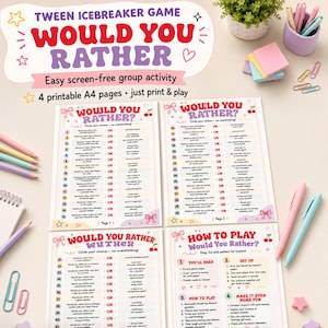 May include: A printable Would You Rather tween icebreaker game featuring four A4 pages with numbered questions, a how-to-play guide, and decorative red bows and cherries. The text is printed in purple and red on a white background with star accents.