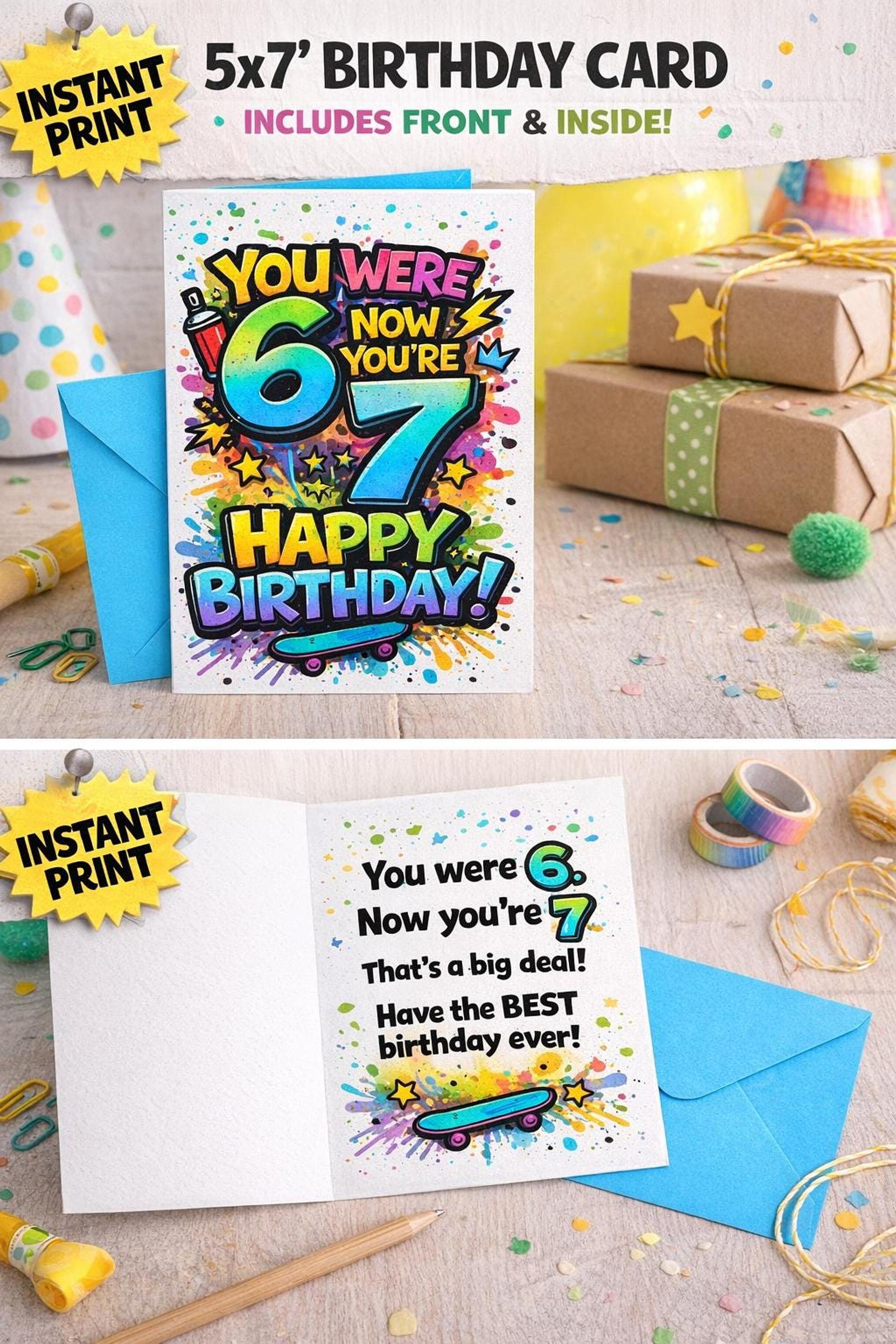 Six Seven 67 Birthday Card 7th Birthday Card Digital Download