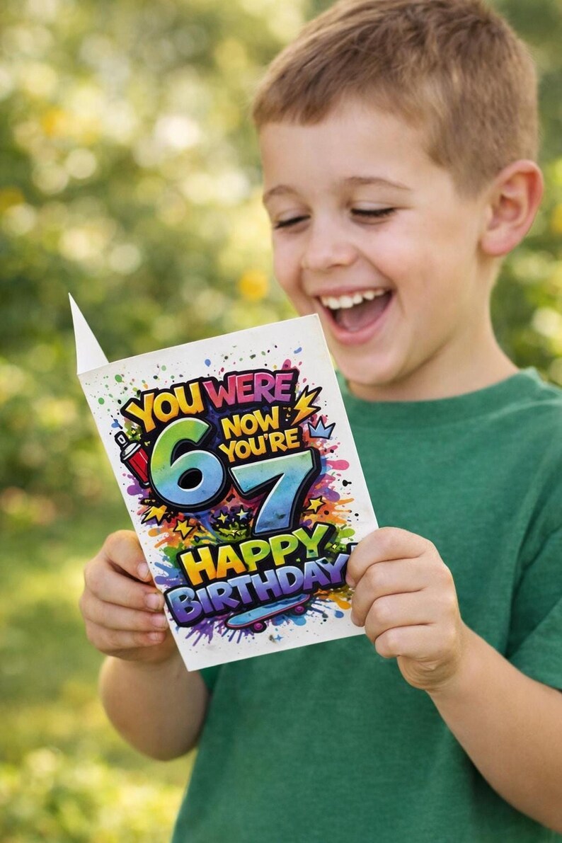 Celebrate the milestone with this bold “You Were 6 Now You’re 7” printable birthday card — the perfect 7th birthday card for boys who love skateboards, graffiti style art and colourful street vibes. https://au.pinterest.com/pin/536491374383259150/
