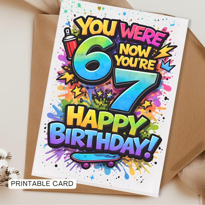 Celebrate the milestone with this bold “You Were 6 Now You’re 7” printable birthday card — the perfect 7th birthday card for boys who love skateboards, graffiti style art and colourful street vibes. https://au.pinterest.com/pin/536491374383259150/