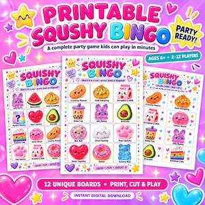 Peut inclure: Un jeu de bingo Squishy imprimable comprenant trois feuilles colorées avec des grilles d'illustrations de jouets squishy comme un lapin en gelée, une pastèque, une boulette dorée, un avocat et un beignet, avec le texte Printable Squishy Bingo.