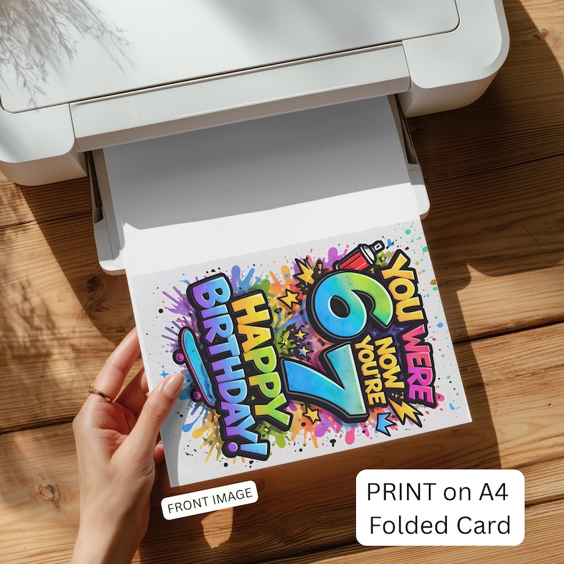 Inside view of boys Six Seven birthday printable card featuring colorful text and skateboard illustration on clean white background.