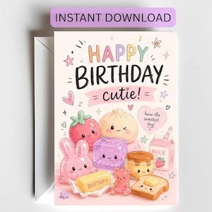 Może przedstawiać: Kartka urodzinowa z napisem "HAPPY BIRTHDAY cutie!" i ilustracjami uroczego jedzenia. Karta jest jasnoróżowa, z białą kopertą. Na górze karty znajduje się napis "INSTANT DOWNLOAD".