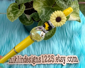 Pens, Silicone Pen, Silicone beads, Beaded pens, custom pens, beaded sunflower pen, Silicone sunflower pen, custom pen, silicone beads