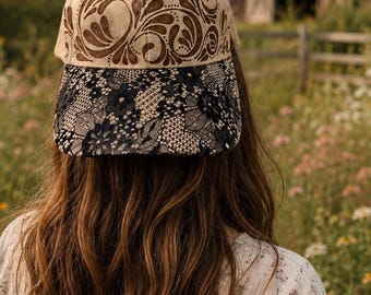 Hand Burned lace Trucker Hat, Western Style
