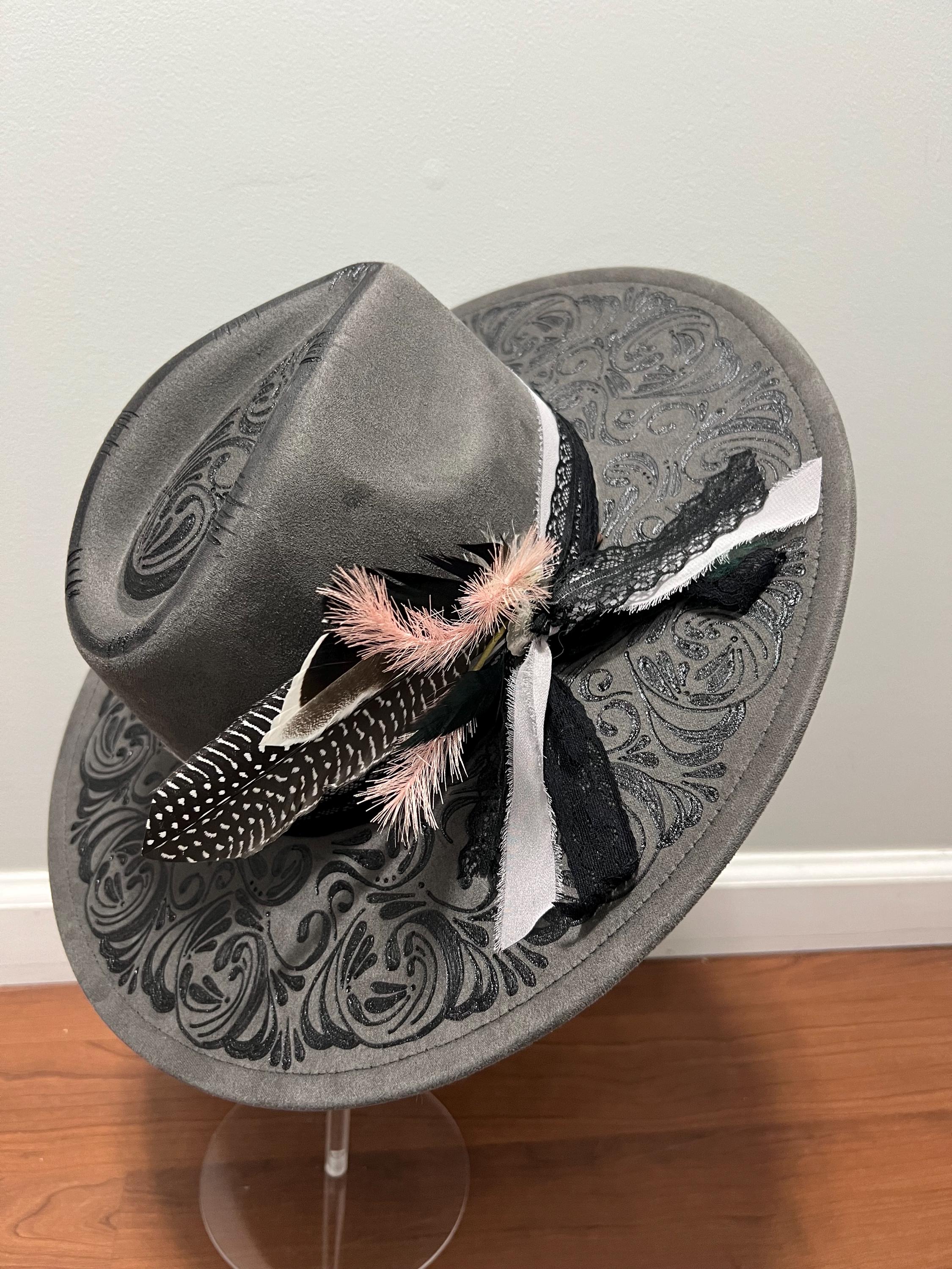 New “Boot Stitch” Cody James Hand burned hat Sz 7 Grey Burned Western Hat - Etsy main image 3