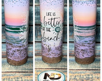 Life is better on the beach tumbler, sunset tumbler, beach Tumbler, life on the beach tumbler, Custom Tumbler, 20oz Tumbler