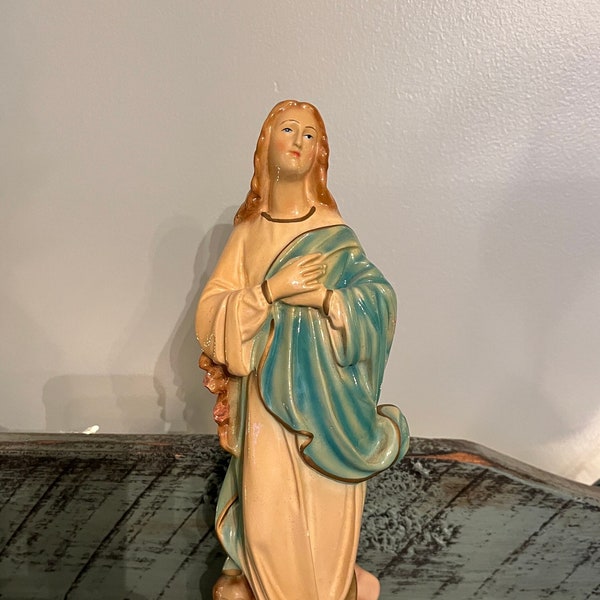 Vintage Blessed Virgin Mary in the Immaculate Conception Hand Painted Plaster Statue with Angels and Crescent Moon. Made in Italy Red Tag