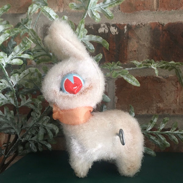 Vintage Hopping Bunny Rabbit Wind Up Toy, White Fur Covered Metal with Huge Red Metal Eyes, Made in Japan Original Tag, Easter Collectible