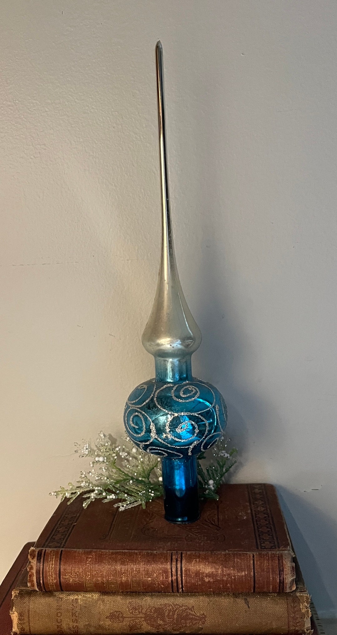 Vintage Glass Christmas Tree Finial Tree Topper Blue Rounded Etsy