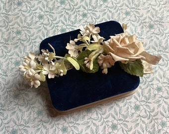 gift jewelry presentation box Vintage Blue Velvet and Beige Plastic Necklace Presentation Box Embellished with Vintage Millinery & Beige Ribbon, Wonderful Box for a Gift