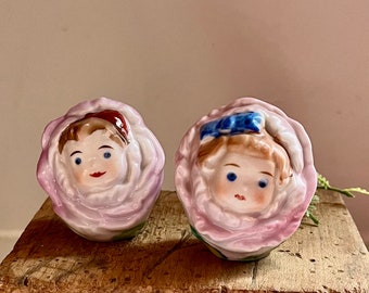 Vintage Rose Anthropomorphic Salt and Pepper Shakers, Ceramic, Boy and Girl, Made in Japan, Collectible Keepsake