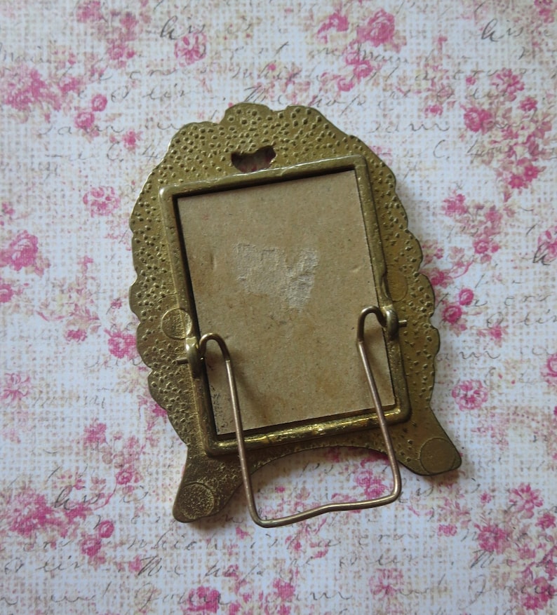 Vintage Miniature Picture Frame in Golden Brass with Sweet Repousse Forget Me Not Flower Design and Easel Back and Backing Paper