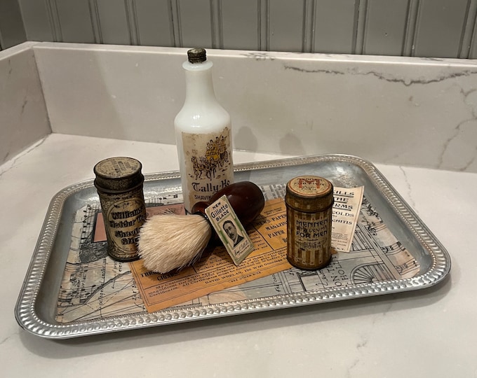 Vintage Men's Shaving Accessories, Brush, Shaving Stick Holder Tin