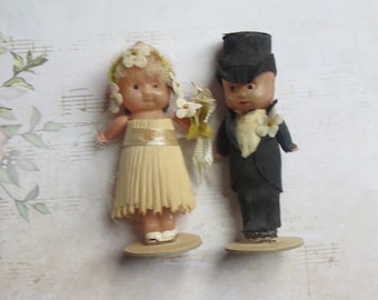 Antique Celluloid Bride and Groom Wedding Couple, Original Crepe Paper Dress, Netting Veil, Tux with Top Hat, Made in Japan