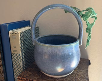 Vintage Carol Barclay Studio Art Signed Porcelain Basket with Handle, Blue Glaze, C1980, Collectible