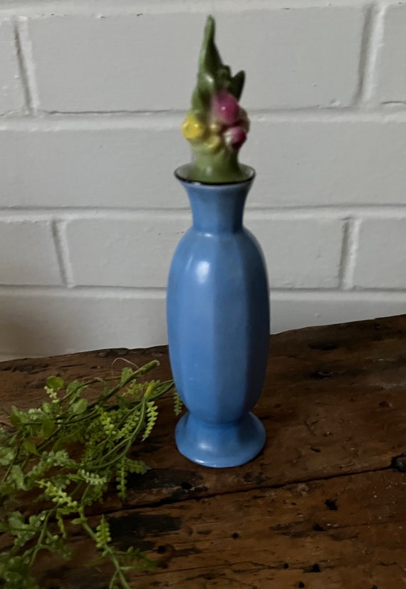 Antique Blue Ceramic Perfume Bottle with Faceted … - image 6
