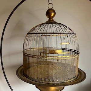 Antique Hendryx Brass Bird Cage, Pedestal Base, Hinged Door, Domed