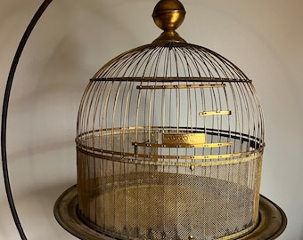 Antique Hendryx Brass Bird Cage, Pedestal Base, Hinged Door, Domed Shape, Decorative Cage