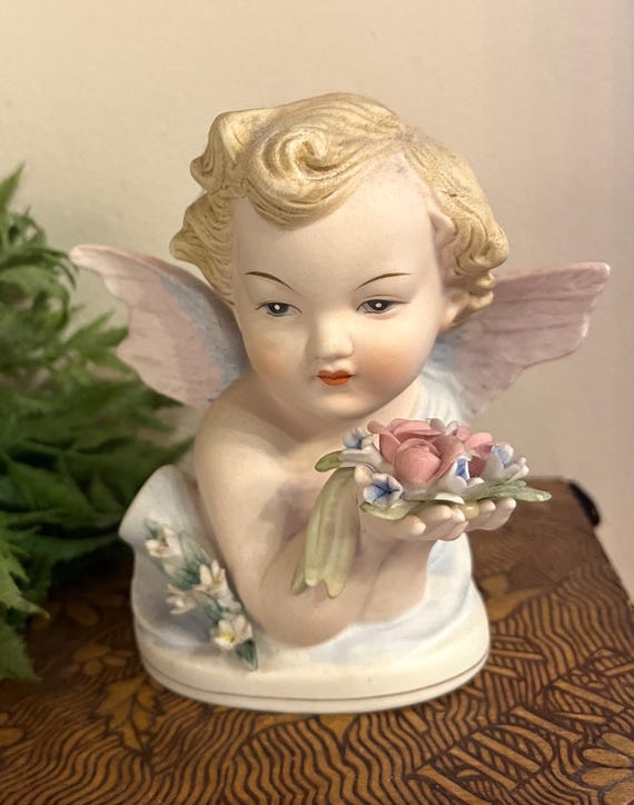 Vintage Lefton Angel Cherub Bust with Blue Wings, Holding Flowers, Ceramic with Matte Finish, No KW1415