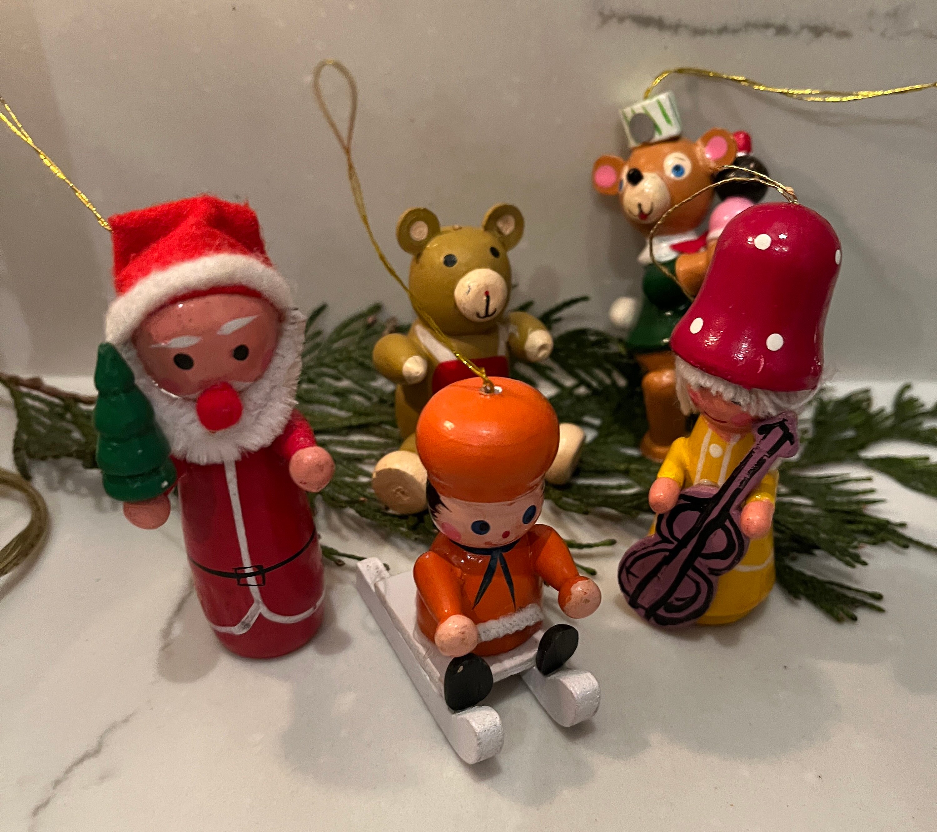 Wooden Christmas Tree Ornaments Vintage Lot of 6; Mice,Ice skater, Sled