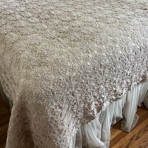 Vintage Ecru Colored Crochet Lace Medallion Tablecloth, Twin Bed Coverlet, Pretty Floral and Open Weave Pattern, Decorative and Display Uses