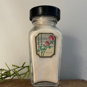 Antique Art Deco Larkin Company Glass Sachet Bottle Clover with Original Label and Black Metal Screw Top, Full of Sweet Sachet, Buffalo, NY