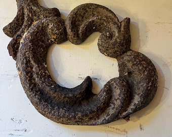 Antique Cast Iron Architectural Pediment, Decorative Salvage Piece, Shabby Rusty Adornment
