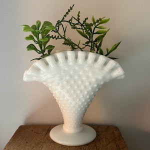 Vintage Fenton Vase White Milk Glass with Hobnail Pattern, Fan Shape with Ruffle Edge, Cottage Chic, Wedding Decor, Collectible Circa 1960s