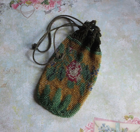 Antique Art Deco Glass Beaded Flapper Reticule Bag with Crocheted Drawstring Closure in Gold and Green Floral with Red Accents