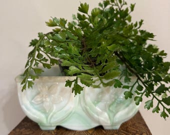 Vintage Akro Agate Slag Glass Planter with Double Daffodil Design, Green with White Swirls, C1930 Collectible Decor, Gift