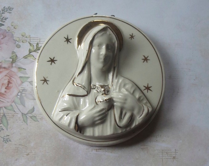 Vintage Ceramic Blessed Virgin Mary With Immaculate Heart Wall Decor