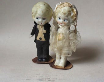 Antique Art Deco Miniature Bisque Wedding Couple, Crepe Paper Tuxedo, Flapper Dress on Bride, Made in Japan, Wedding Decor