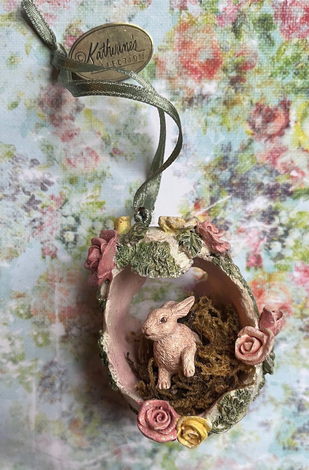 Vintage Easter Egg Basket With Bunny Rabbit Inside Adorned With Sweet