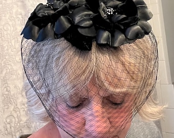 Vintage Fascinator Hat, Double Black Roses, Silk and Velvet, Fishnet Netting Veil, Stylish Kentucky Derby Attire