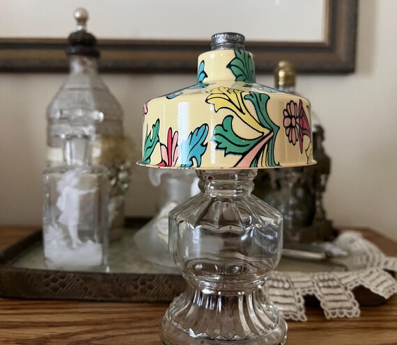 Vintage Apple Blossom by Lander, Oil Lamp Style Glass Perfume Bottle, Celluloid Floral Lampshade, Empty Collectible Display