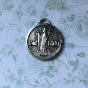 Vintage Saint Patrick Repousse Medal Made in France with Modernist Writing, Silvertone Medal, Catholic Devotional, Patron Saint of Ireland