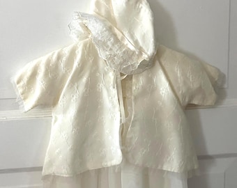 Vintage Christening Set with Gown, Slip, Jacket and Bonnet, Nylon Fabric with Embroidered Shamrocks
