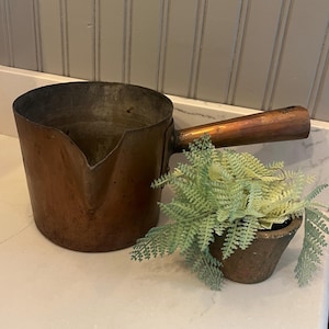 Antique Primitive Copper Pot With Spout, Copper Handle, Rustic Collectible, V. Olac and Sons