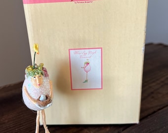 Vintage Dept 56 Krinkles by Patience Brewster, Mini Egg People Ornament, Original Box, Resin Lady with Bird and Nest