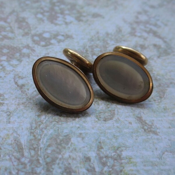 Antique Victorian Cufflinks Oval Shape Inlaid with Mother of Pearl, Bean Back Closure in Gold Filled for Groom, Wedding or Business Attire