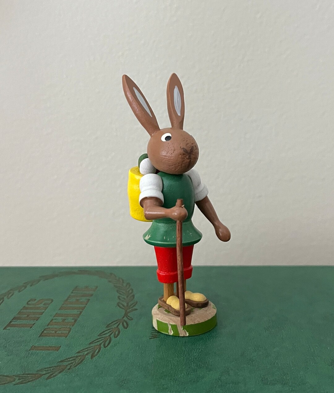 Domcratic Rabbit Vintage Wooden Bunny Rabbit, Hiking Rabbit With Basket of Eggs, German ...