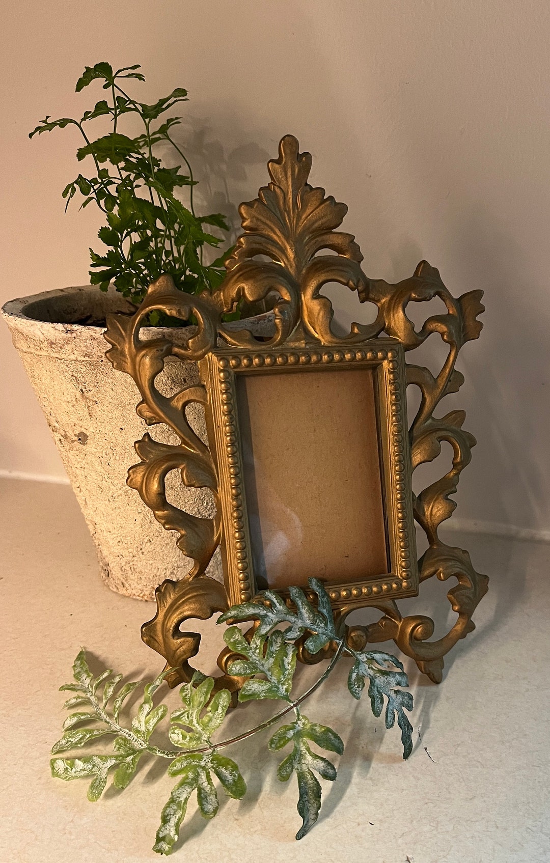 Antique Baroque Picture Frame, Heavy Brass With Gold Finish, Openwork