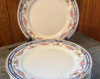 Vintage Set of 6 Small Plates, Blue and Floral Border, TK Thun Czechoslovakia Backstamp, Entertaining, Dessert, Bread and Butter