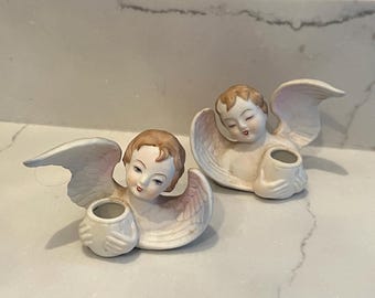 Vintage Pair of Angel Candle Holders, Bisque, Marked GZL Made in Occupied Japan