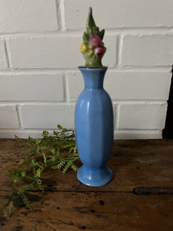 Antique Blue Ceramic Perfume Bottle with Faceted … - image 7