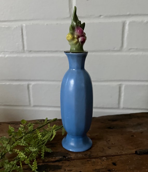 Antique Blue Ceramic Perfume Bottle with Faceted … - image 2