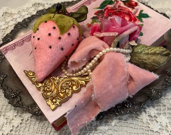 Vintage Book Assemblage in Pink, Rose Scrap, Velvet Rose and Strawberry with Seed Bead Accents, Lace, Pearls and Ribbon, Home Decor