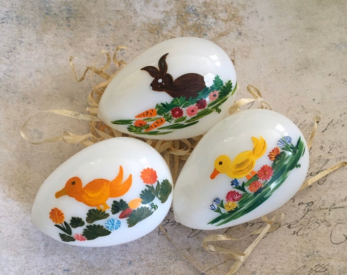 Vintage Blown Milk Glass Easter Eggs Hand Painted With Bunny, Chick